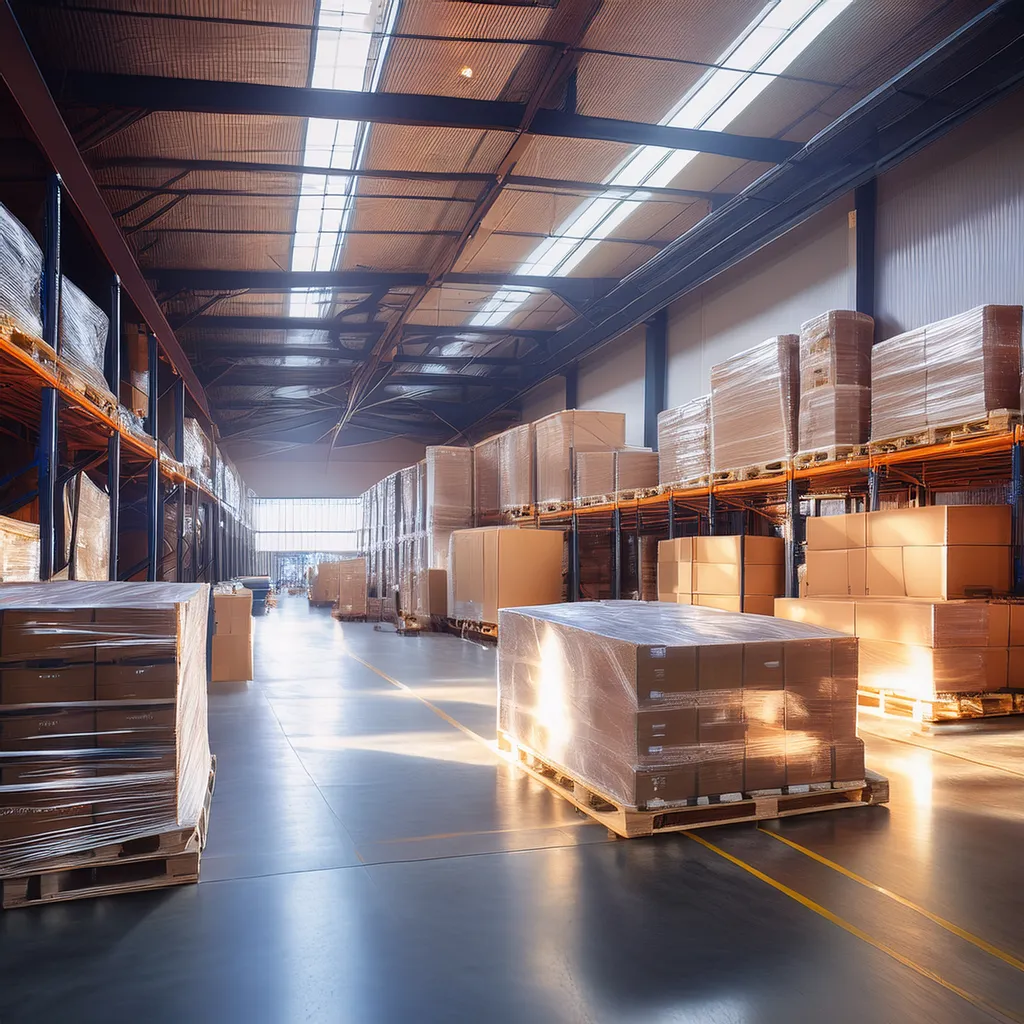Modern packaging warehouse with stacked pallets and stretch film used in logistics and distribution operations