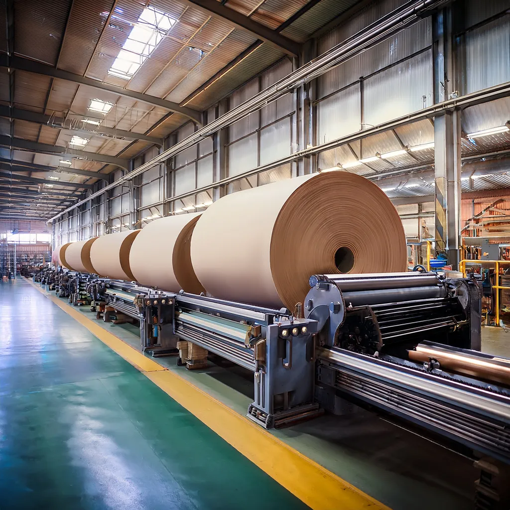 Large paper manufacturing mill producing giant paper rolls with conveyor systems for packaging production